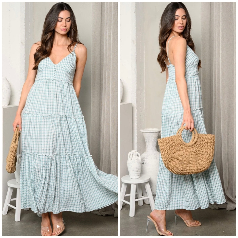 Mint Choco Light Teal Plaid Tiered Maxi Dress - Picture 3 of 7